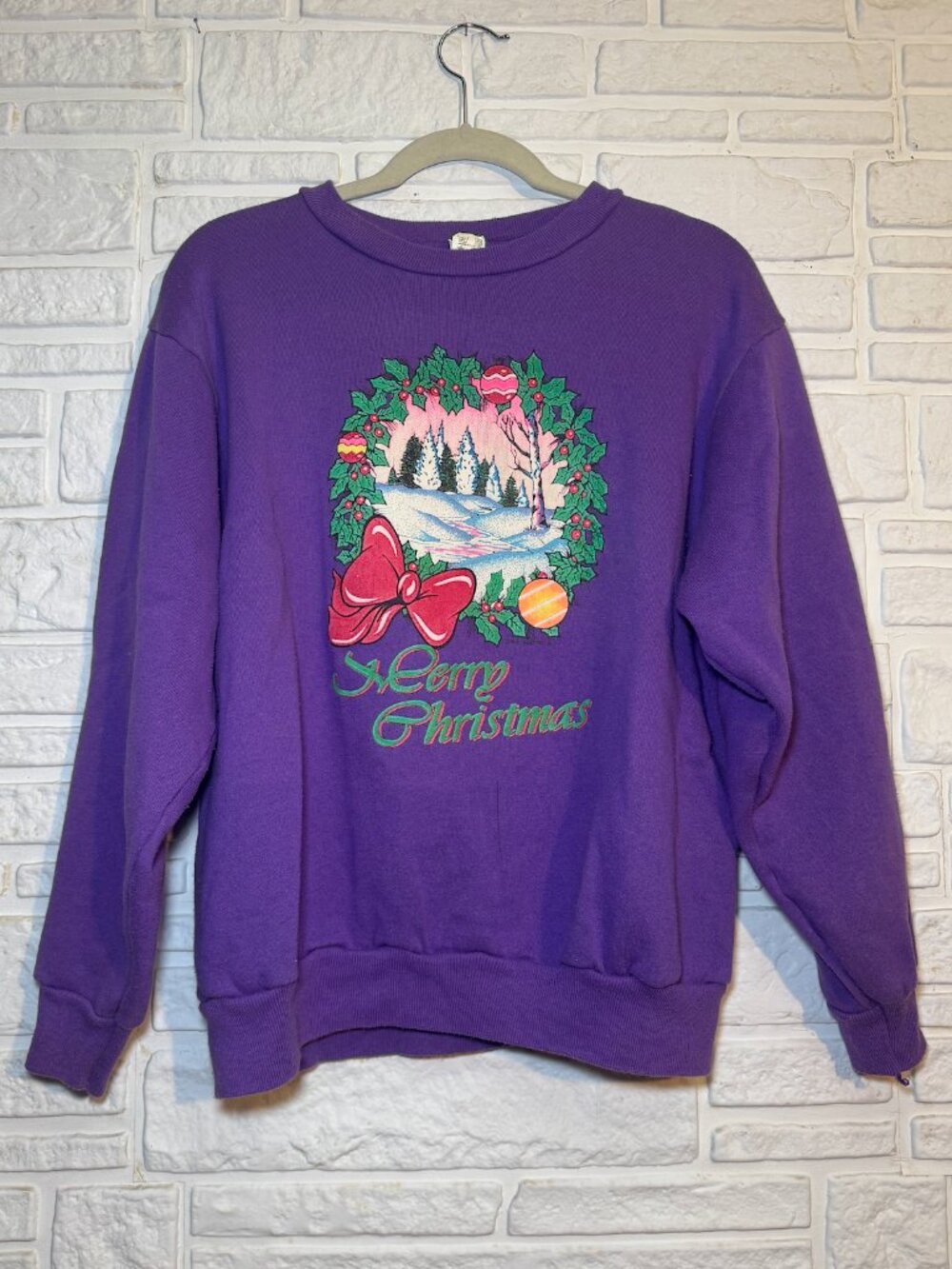 Vintage Christmas Sweatshirt Purple Wreath Snow Scene Holiday Crewneck 1991